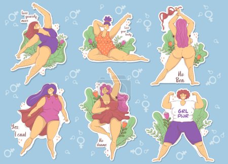 Illustration for Bundle with stickers of happy plus size women with hairy legs and armpits in various poses and positive feminist slogans - Royalty Free Image