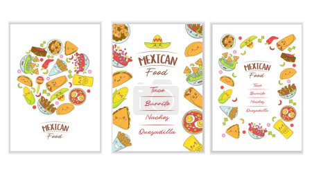 Téléchargez les illustrations : Set of Mexican fast food menu template with kawaii food in cartoon doodle style Poster for food fair and fisteval - en licence libre de droit
