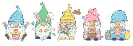Téléchargez les photos : Collection of vector Easter gnomes in different poses with Easter eggs, bunny ears, spring flowers. Clipart For cards, invitations, packaging design, posters, prints - en image libre de droit