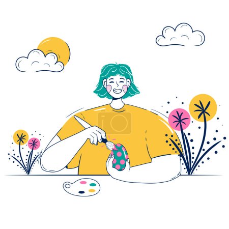 Illustration for Young woman with a brush in her hands paints an Easter egg outdoors. Festive activity for easter. - Royalty Free Image