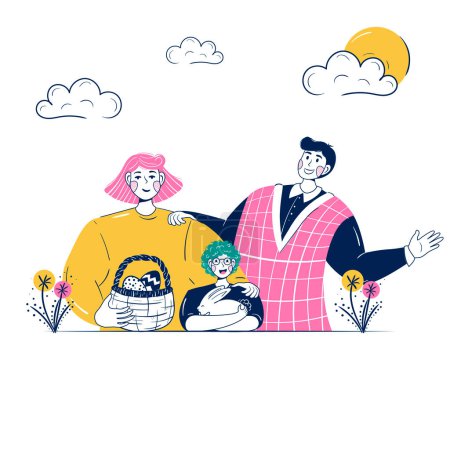 Illustration for Happy Easter day celebration in nature with a family mom, dad and son, holding a basket with eggs and a rabbit in their hands. Vector illustration for printing postcards, posters, banners. - Royalty Free Image