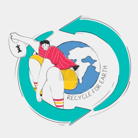 Ilustración de Aventura de reducción de residuos. Man Gliding on Recycling Symbol, Journeying Across the Globe lleva una bolsa de comida sobrante para reciclar. Reciclaje de inscripción para tierra - Imagen libre de derechos