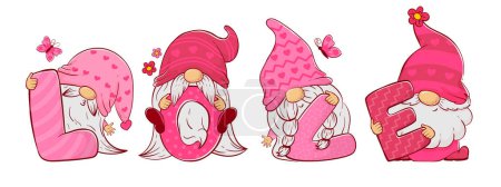 Illustration for Collection of adorable cartoon gnomes holding letters that spell out the word love - Royalty Free Image