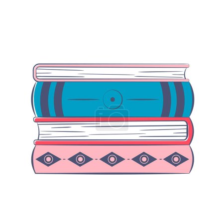 Téléchargez les illustrations : Une pile de livres multicolores avec différents motifs sur les épines - en licence libre de droit