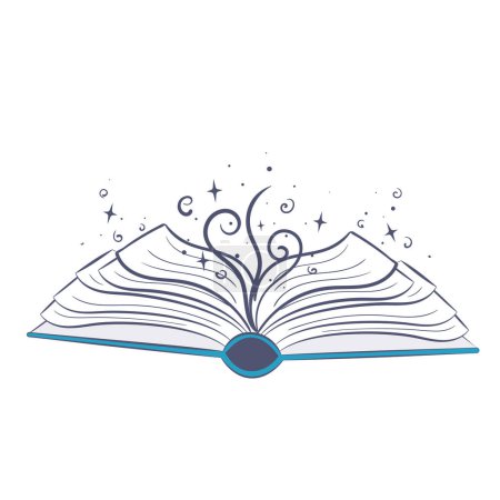 Téléchargez les illustrations : Un livre ouvert à partir de feuilles dépliées dont un tourbillon magique avec des étoiles s'envole - en licence libre de droit