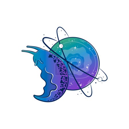 Illustration for Mystical snail slug with a space planet instead of a shell-house. Hand drawn with gradient vector - Royalty Free Image