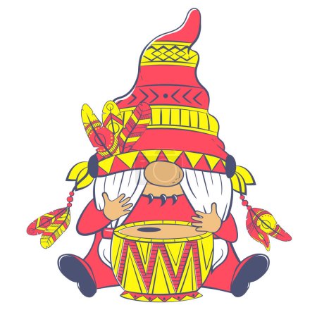 Téléchargez les illustrations : Mignon musicien de gnome de dessin animé. Indien nain aborigène en plumes joue du tambour - en licence libre de droit