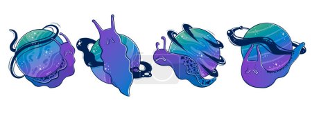 Illustration for Clipart collection with Mystical slug snails with a space planet instead of a shell-house. Hand drawn with gradient vector. - Royalty Free Image