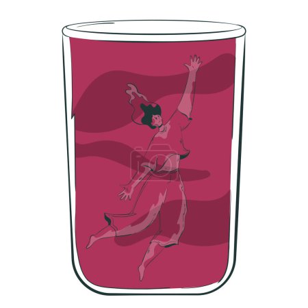 Illustration for Woman on a drunken spree. Conceptual illustration of the consequences of alcoholism with a depressed character with alcohol addiction drowning in a glass of alcohol. Unhealthy Lifestyle - Royalty Free Image