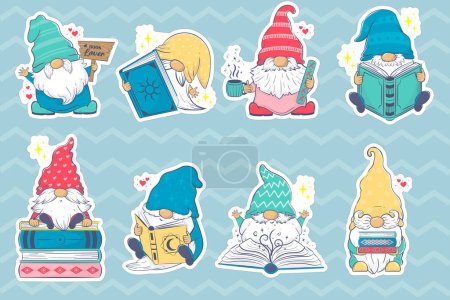 Bundle of stickers with Cute cartoon gnomes with books. Vector illustration isolated on white background for world book and copyright day