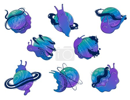 Téléchargez les illustrations : Collection Clipart avec escargots limaces mystiques avec une planète spatiale au lieu d'un coquillage. Dessiné à la main avec vecteur de dégradé. - en licence libre de droit
