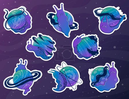Illustration for Bundle with stickers with Mystical slug snails with a space planet instead of a shell-house. Hand drawn with gradient vector. - Royalty Free Image