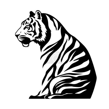 Simple black and white tiger silhouette isolated on white background. Sketch for retro tattoos, emblems, logos.