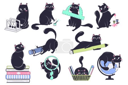 Collection of cats with school items in flat style. The concept of animals returning to school. Vector illustration of student life.