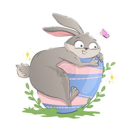 drôle lapin de Pâques grimpé et se tient à peine sur un énorme oeuf sur la pelouse. Caractère doodle vacances isolé sur fond blanc