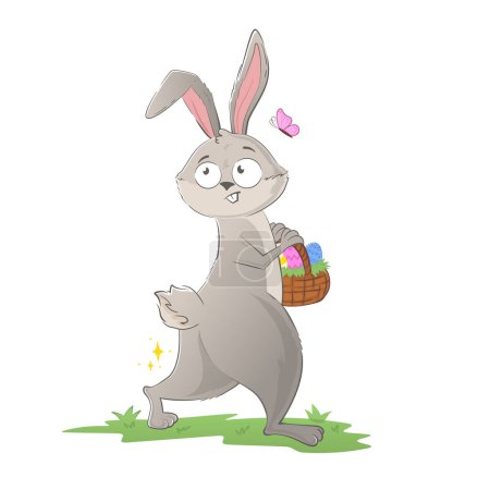 Lustiger Osterhase mit einem Korb voller Eier auf dem Rasen. Holiday Doodle Charakter isoliert auf weißem Hintergrund