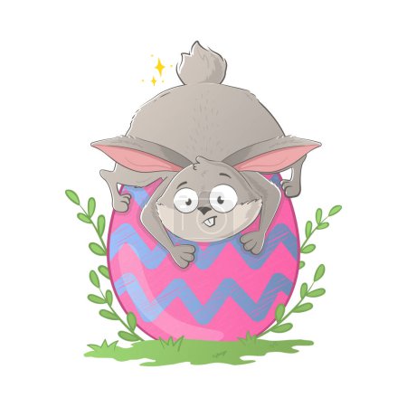 Lustiger Osterhase klettert und fällt auf ein riesiges Ei auf dem Rasen. Holiday Doodle Charakter isoliert auf weißem Hintergrund