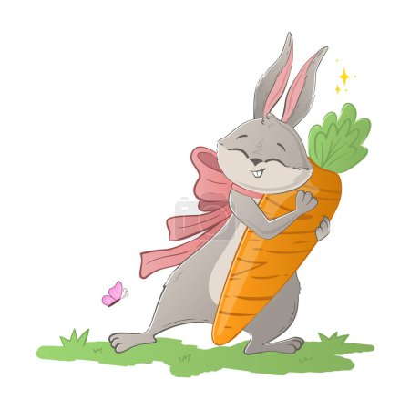 Lustiger Osterhase umarmt eine riesige Möhre auf dem Rasen. Holiday Doodle Charakter isoliert auf weißem Hintergrund
