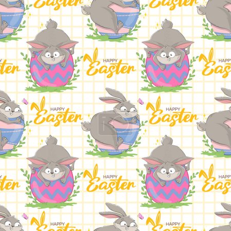 Seamless pattern with funny cheerful bunnies with huge Easter eggs and happy easter inscription. Spring character wrapping paper ready repeat template.