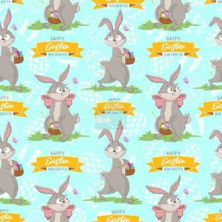 Seamless pattern with funny cheerful bunnies with basket of Easter eggs and happy easter inscription. Spring character wrapping paper ready repeat template isolated on blue background.