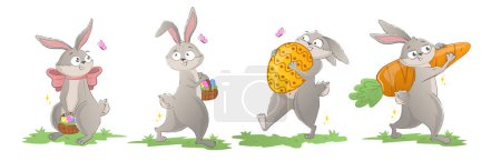 Zeichentrick-Osterhasen mit Eiern, Bögen, Karotten. Festliche Frühjahrskollektion Doodle Charakter isoliert auf weißem Hintergrund