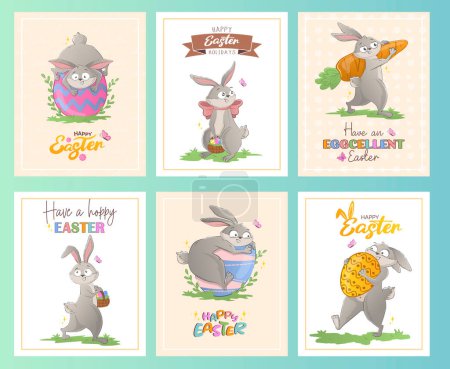 Set of greeting cards with cartoon Easter bunnies with eggs, bows, carrots and lettering. Festive spring collection doodle character isolated on white background