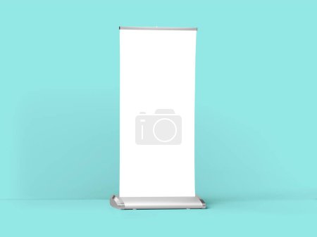 Photo for Rollup banner mockup isolated on turquoise color background. 3D Illustration - Royalty Free Image