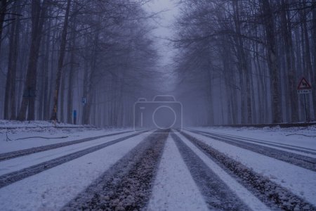Schlechte Sicht auf leere Landstraße im Winter