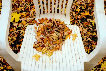 Photo for Autumn fallen leaves collect on an old plastic lawn chair in the back yard - Royalty Free Image