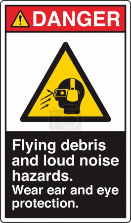 Illustration for ANSI Z535 Danger Hazard Signs -Flying debris and loud noise hazards wear ear and eye protection - Portrait Black - Royalty Free Image