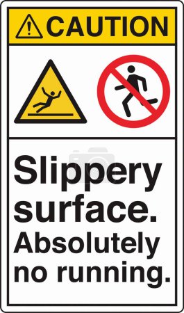 Illustration for ANSI Z535 Safety Sign Marking Label Two Symbol Pictogram Standards Caution Slippery Surface Absolutely No Running with Text Portrait White - Royalty Free Image