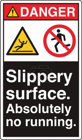 Illustration for ANSI Z535 Safety Sign Marking Label Two Symbol Pictogram Standards Danger Slippery Surface Absolutely No Running with Text Portrait Black - Royalty Free Image