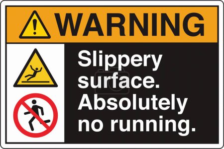Illustration for ANSI Z535 Safety Sign Marking Label Two Symbol Pictogram Standards Warning Fall Hazard Slippery Surface Absolutely No Running with Text Landscape Black - Royalty Free Image