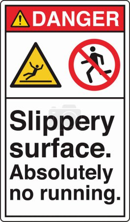 Illustration for ANSI Z535 Safety Sign Marking Label Two Symbol Pictogram Standards Danger Slippery Surface Absolutely No Running with Text Portrait White - Royalty Free Image