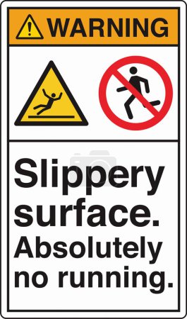 Illustration for ANSI Z535 Safety Sign Marking Label Two Symbol Pictogram Standards Warning Slippery Surface Absolutely No Running with Text Portrait White - Royalty Free Image