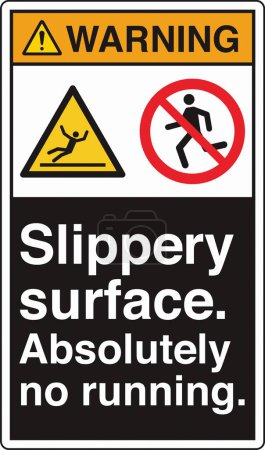 Illustration for ANSI Z535 Safety Sign Marking Label Two Symbol Pictogram Standards Warning Slippery Surface Absolutely No Running with Text Portrait Black - Royalty Free Image