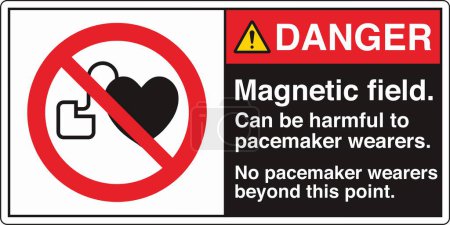 Illustration for ANSI Z535 Safety Sign Marking Label Symbol Pictogram Standards Danger Magnetic field can be harmful to pacemaker wearers No pacemaker wearers beyond this point with text landscape black 02 - Royalty Free Image