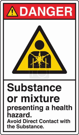 Illustration for ANSI Z535 Safety Sign Marking Label Symbol Pictogram Standards Danger Substance or mixture presenting a health hazard avoid direct contact with the substance with text portrait white - Royalty Free Image