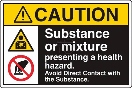 Illustration for ANSI Z535 Safety Sign Marking Label Two Symbol Pictogram Standards Caution Substance or mixture presenting a health hazard avoid direct contact with the substance with text landscape black - Royalty Free Image