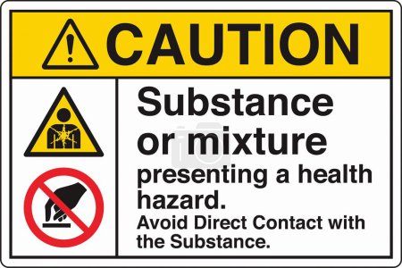 Illustration for ANSI Z535 Safety Sign Marking Label Two Symbol Pictogram Standards Caution Substance or mixture presenting a health hazard avoid direct contact with the substance with text landscape white - Royalty Free Image
