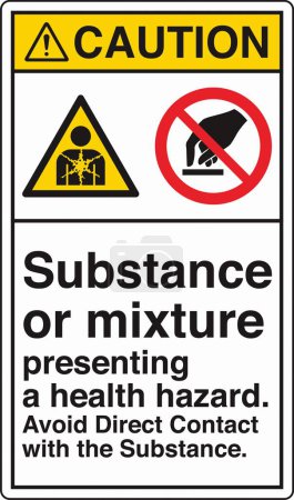 Illustration for ANSI Z535 Safety Sign Marking Label Two Symbol Pictogram Standards Caution Substance or mixture presenting a health hazard avoid direct contact with the substance with text portrait white - Royalty Free Image
