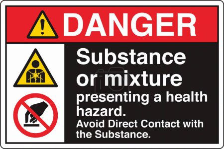 Illustration for ANSI Z535 Safety Sign Marking Label Two Symbol Pictogram Standards Danger Substance or mixture presenting a health hazard avoid direct contact with the substance with text landscape black - Royalty Free Image