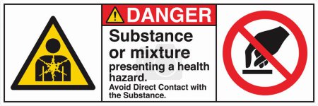 Illustration for ANSI Z535 Safety Sign Marking Label Two Symbol Pictogram Standards Danger Substance or mixture presenting a health hazard avoid direct contact with the substance with text landscape white 02 - Royalty Free Image