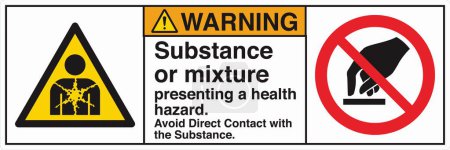 Illustration for ANSI Z535 Safety Sign Marking Label Two Symbol Pictogram Standards Warning Substance or mixture presenting a health hazard avoid direct contact with the substance with text landscape white 02 - Royalty Free Image