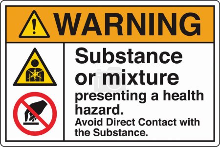 Illustration for ANSI Z535 Safety Sign Marking Label Two Symbol Pictogram Standards Warning Substance or mixture presenting a health hazard avoid direct contact with the substance with text landscape white - Royalty Free Image