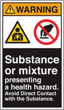 Illustration for ANSI Z535 Safety Sign Marking Label Two Symbol Pictogram Standards Warning Substance or mixture presenting a health hazard avoid direct contact with the substance with text portrait black - Royalty Free Image