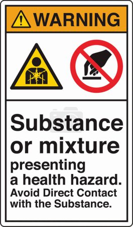 Illustration for ANSI Z535 Safety Sign Marking Label Two Symbol Pictogram Standards Warning Substance or mixture presenting a health hazard avoid direct contact with the substance with text portrait white - Royalty Free Image