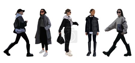 Illustration for Collection of stylish young women dressed in trendy clothes. Set of fashionable casual and formal outfits. Bundle of cute girl hipsters or trendsetters. Flat cartoon colorful vector illustration. - Royalty Free Image