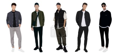 Illustration for Group fashion men in modern trendy outfits. Young people wearing stylish casual summer clothes. Colored flat graphic vector illustration of fashionable man isolated on white background - Royalty Free Image