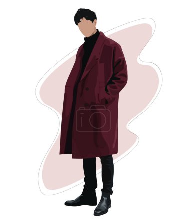 Ilustración de Elegante hombre guapo en ropa de moda. Hombre de moda. Vector illustration.Guy en un abrigo rojo elegante y de moda - Imagen libre de derechos